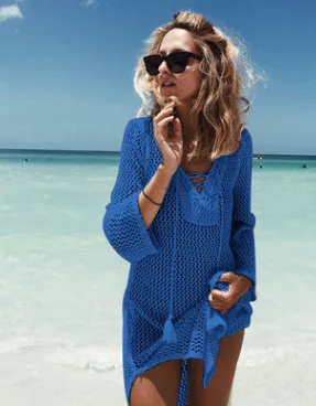 Синий Saida De Praia, летняя пляжная одежда, платье, туника, парео для женщин,, юбка, Вязанная, открытая, бандажная, длинная, кафтан, Пляжная накидка - Цвет: Синий