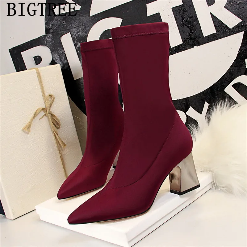 Bigtree обувь сапоги на высоком каблуке Женская с острым носком женские ботильоны