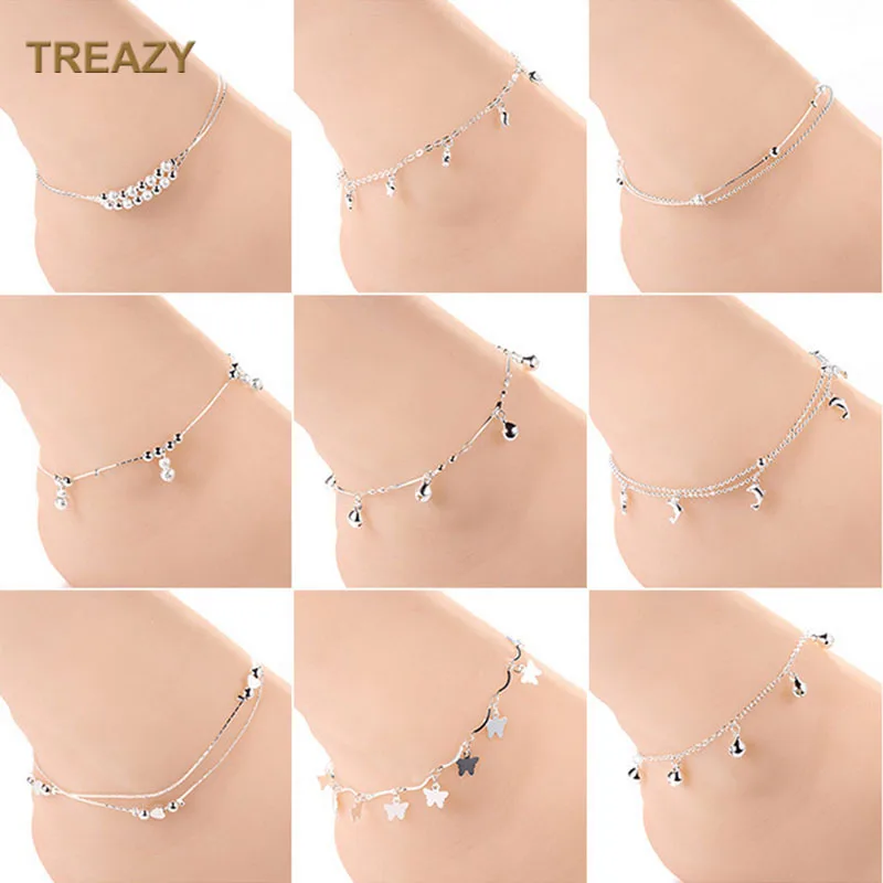 Модный браслет на ногу с серебряным покрытием украшенный бисером