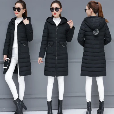 black Новинка, зимняя женская куртка, плюс размер, 3XL, женские парки, теплая верхняя одежда, одноцветные пальто с капюшоном, Длинная женская тонкая хлопковая Базовая куртка - Цвет: black
