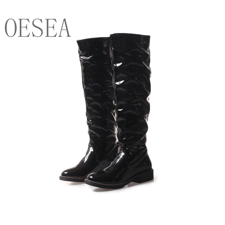 PU / patent leather two materials HOT 2018 autumn and winter new casual simple round toe boots black comfortable flat | Обувь