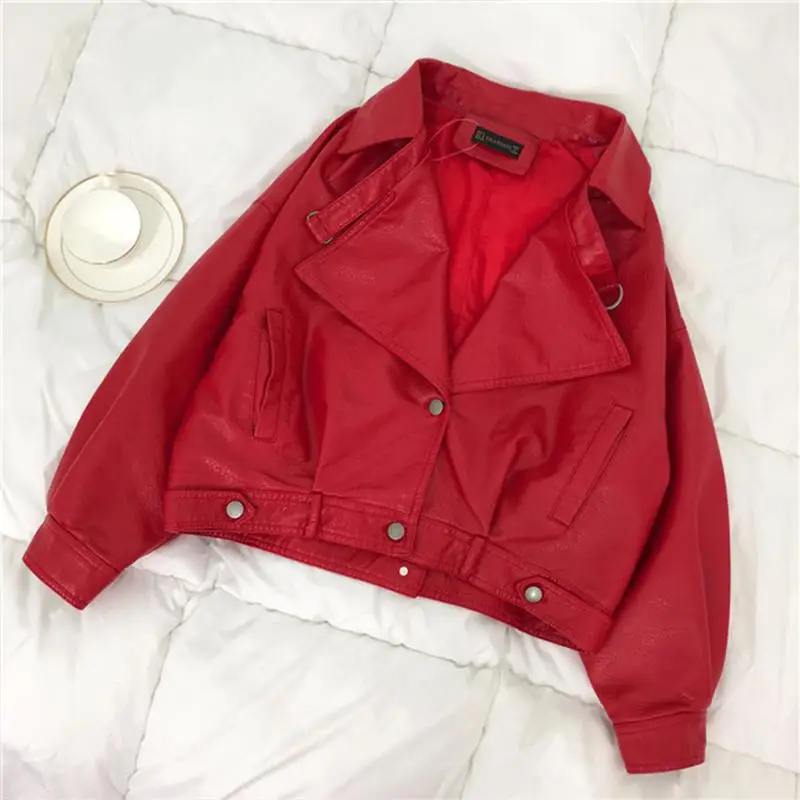 Red FTLZZ куртка из искусственной кожи женская винтажная свободная уличная байкерская куртка однобортная мотоциклетная кожаная куртка женская короткая верхняя одежда - Цвет: Red