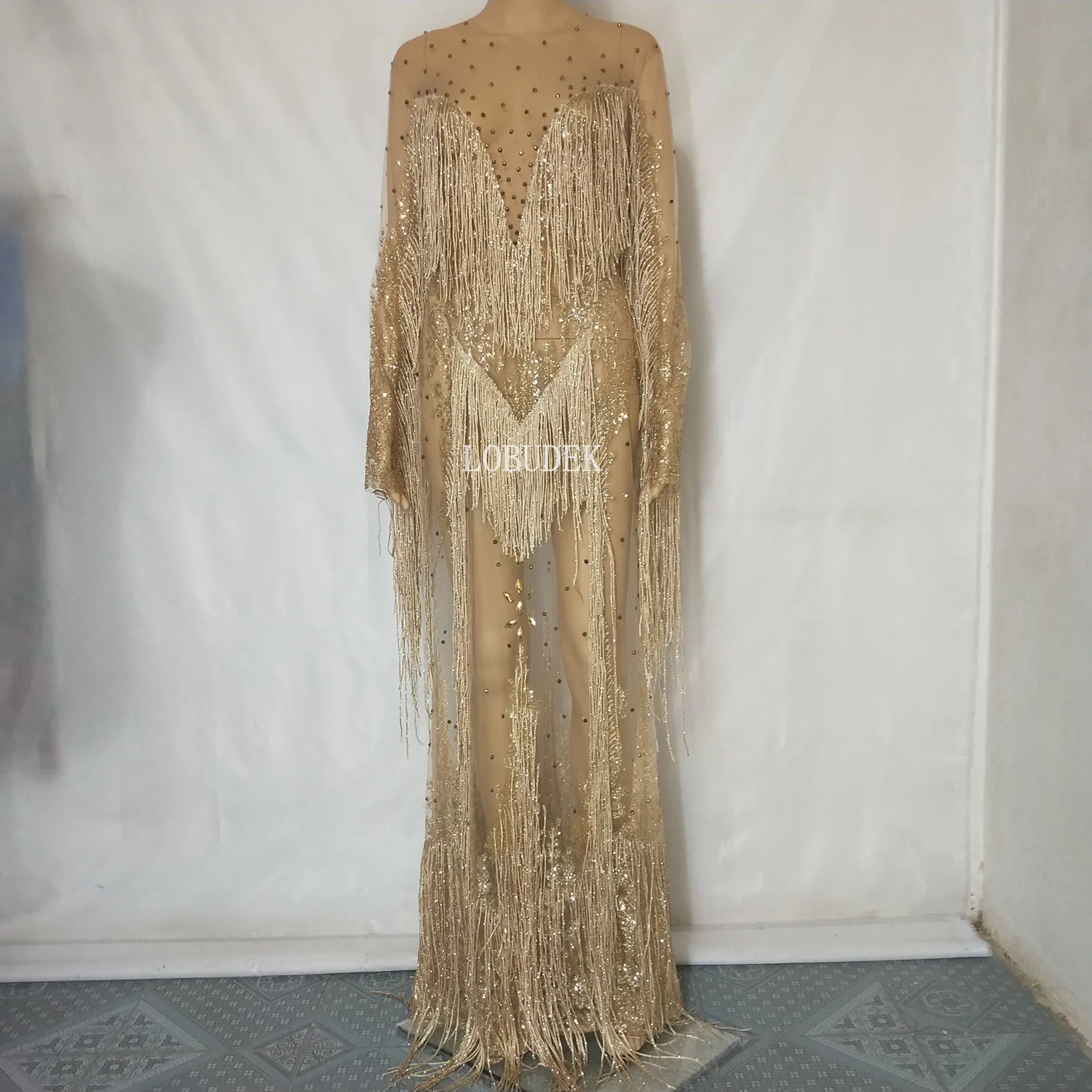 Sexy Perspective Gold Crystals Tassels Long Dress Bar Nightclub Women Singer Host Costume Party Celebration Stage Wear | Женская одежда