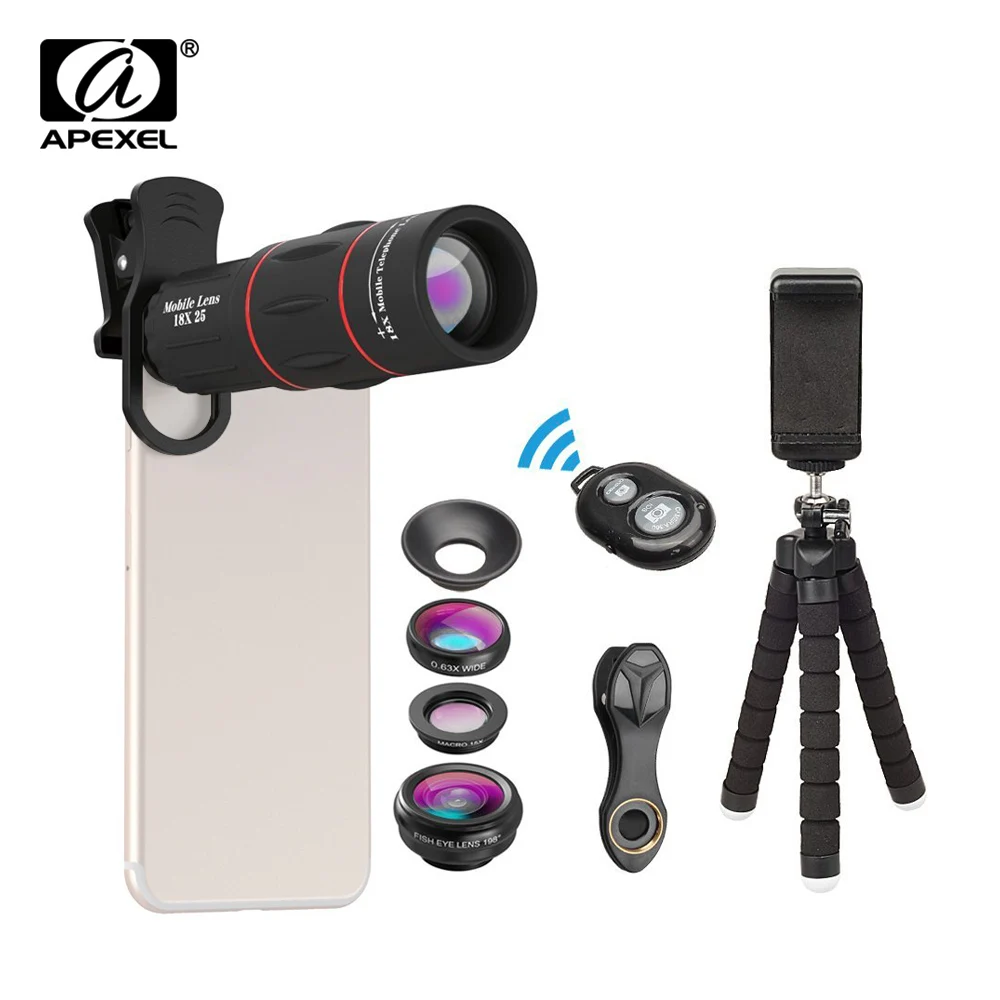 APEXEL APL T18XBZJ5 телефото 4 в 1 Набор объективов для мобильного телефона 18X 0.63X
