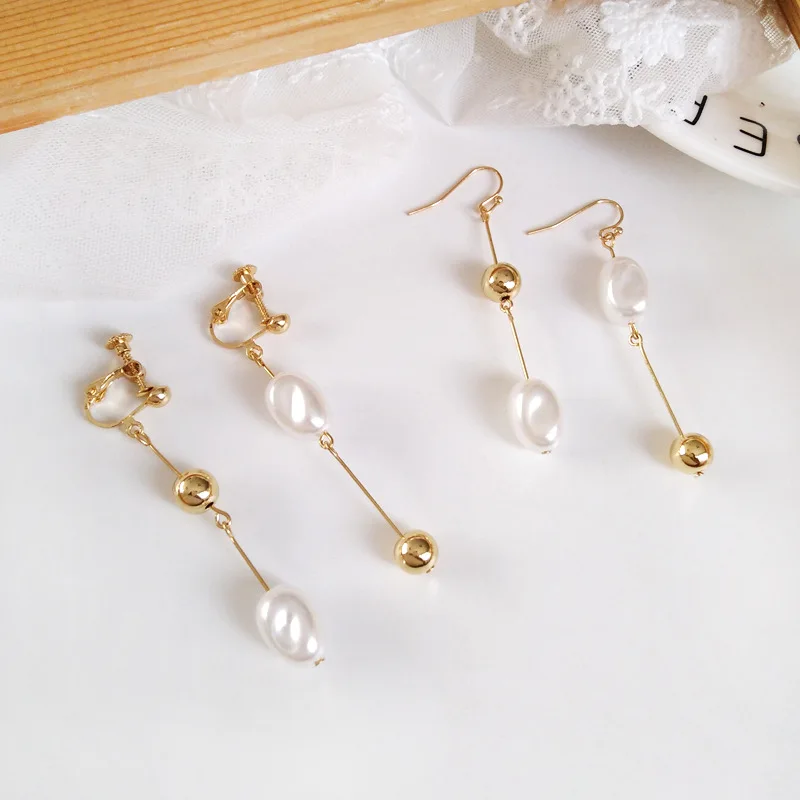 Корейские классические простые элегантные длинные серьги клипсы с имитацией