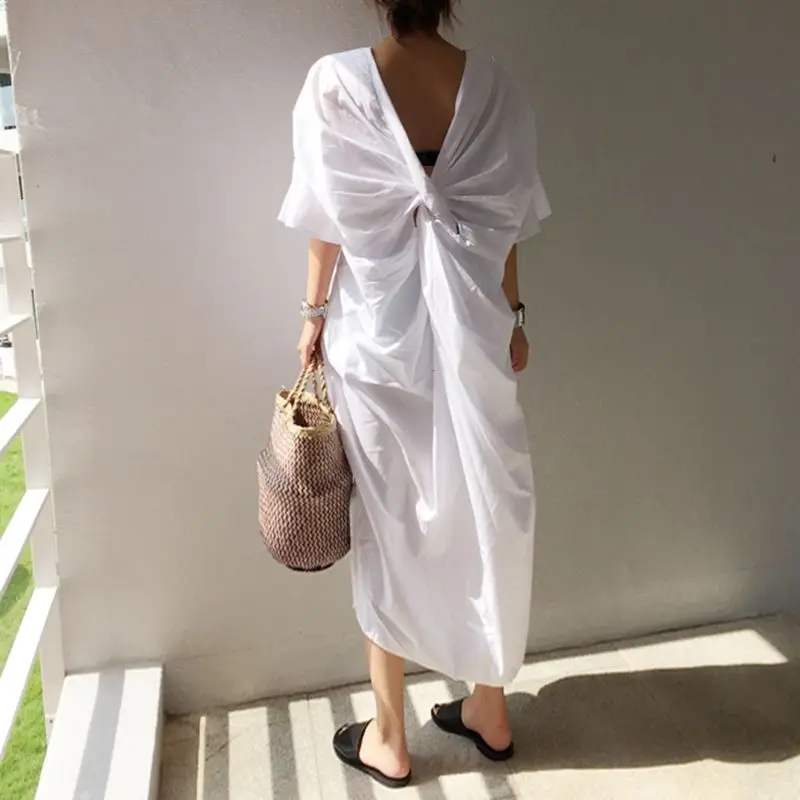 Женское платье с открытой спиной однотонное длинное средней длины в Корейском