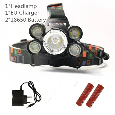 EU Plug 5 светодиодный налобный фонарь XML T6 налобный фонарь 12000Lm 4 режима фонарь 2x18650 аккумулятор+ зарядное устройство фонарик на лоб рыболовные огни - Испускаемый цвет: EU Plug
