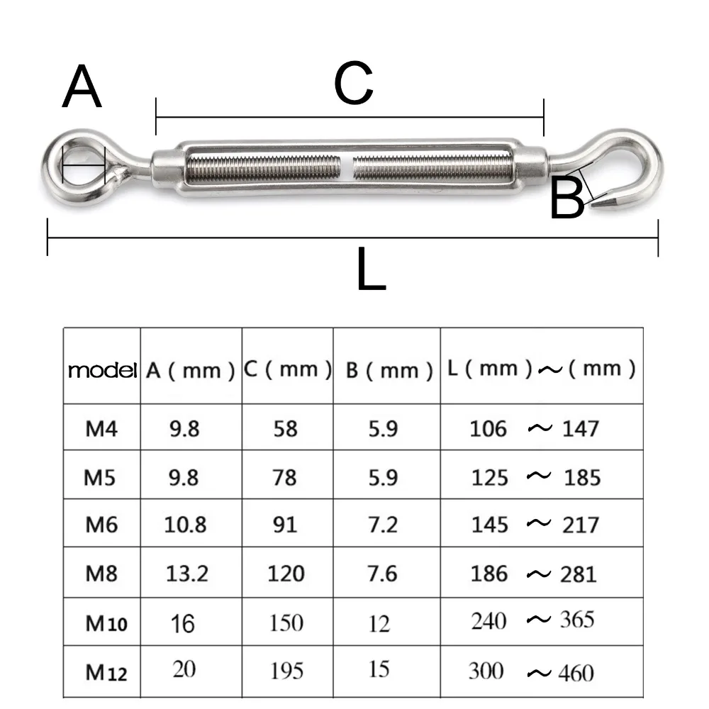 HCSSZP M4/M5/M6/M8/M10/M12 из нержавеющей стали 304 регулируемый крючок для такелажа и