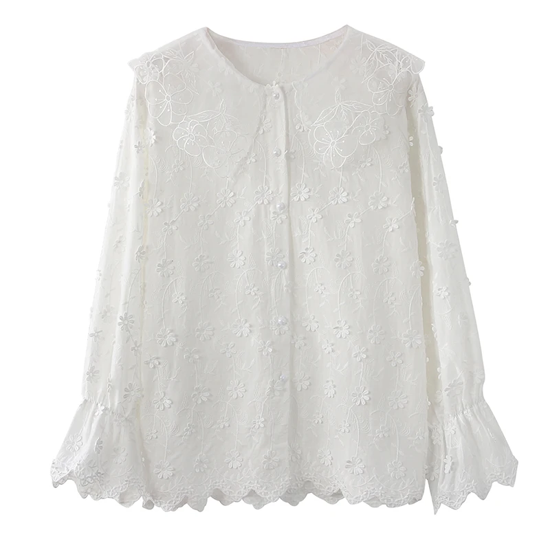

Dingaozlz solid color embroidery lace tops elegant female long sleeve lace blouse korean women clothing casual shirt