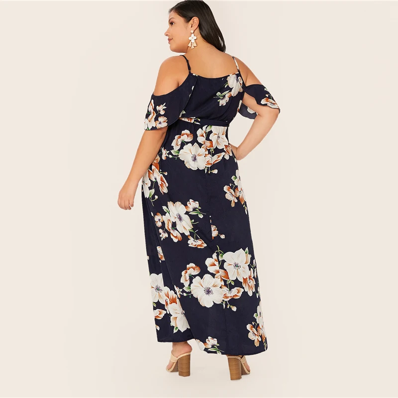 SHEIN, Платье макси с открытыми плечами размера плюс, растительное платье с запахом,, женское летнее платье в стиле бохо, облегающее и расклешенное платье с высокой талией на тонких бретелях