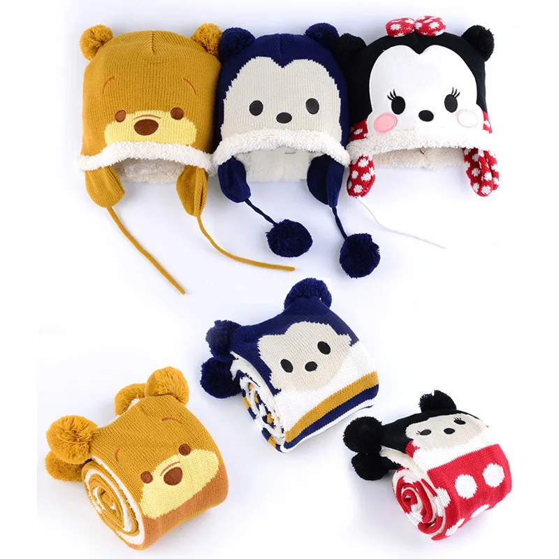 

2 Pieces Disney Children Mickey Mouse Cap And Scarf Fashion Cartoon Kids warm Hat Winter Outdoor Cotton Breathable With Pompom
