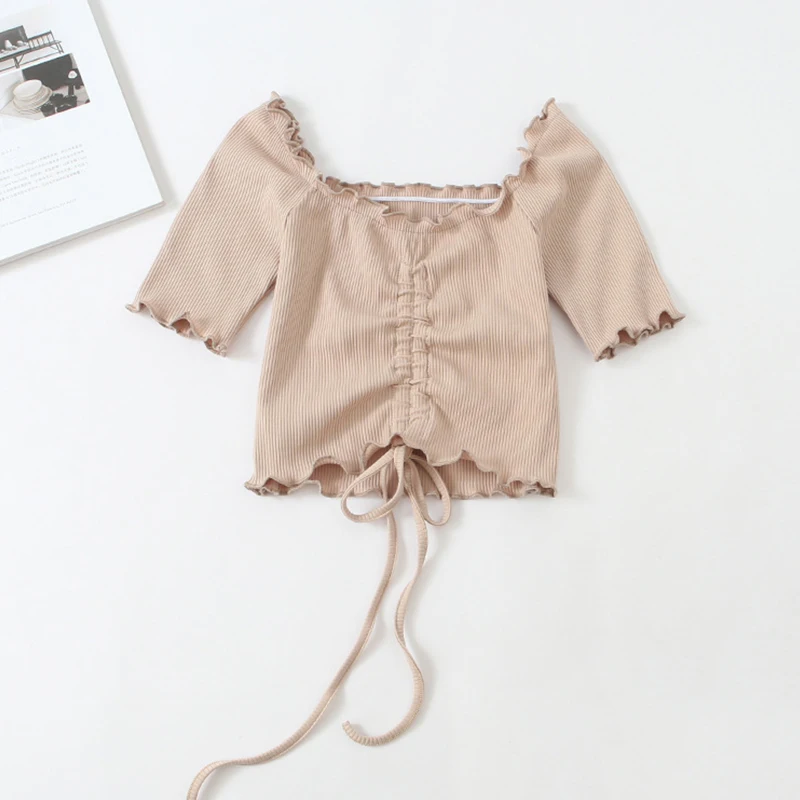 Женская футболка с коротким рукавом винтажная облегающая завязками и вырезом