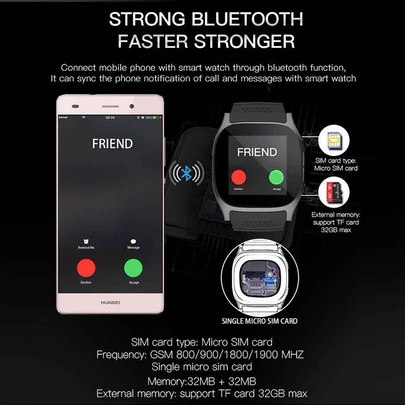 Смарт-часы Aaliyah T8 Bluetooth с камерой Facebook Whatsapp поддержка sim-карт TF для звонков