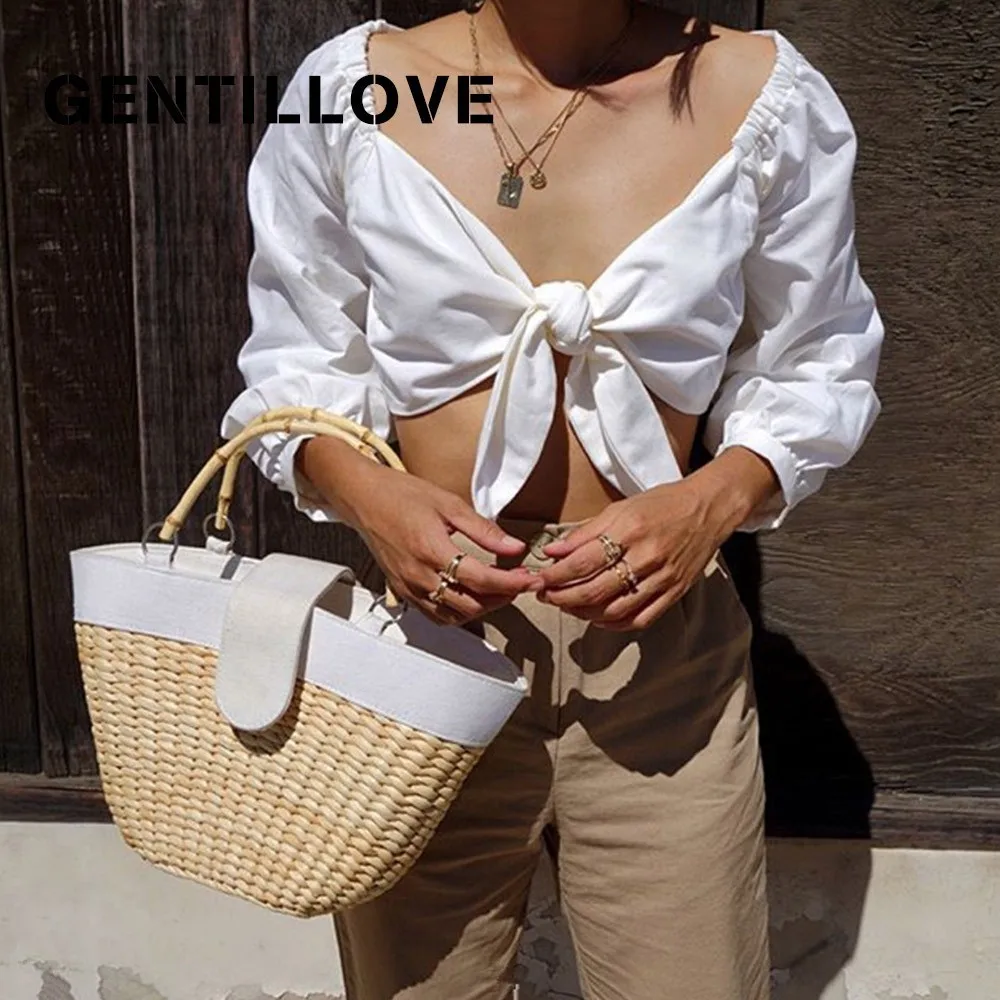 Блузка Gentillove женская с бантом повседневный укороченный топ на завязках модная