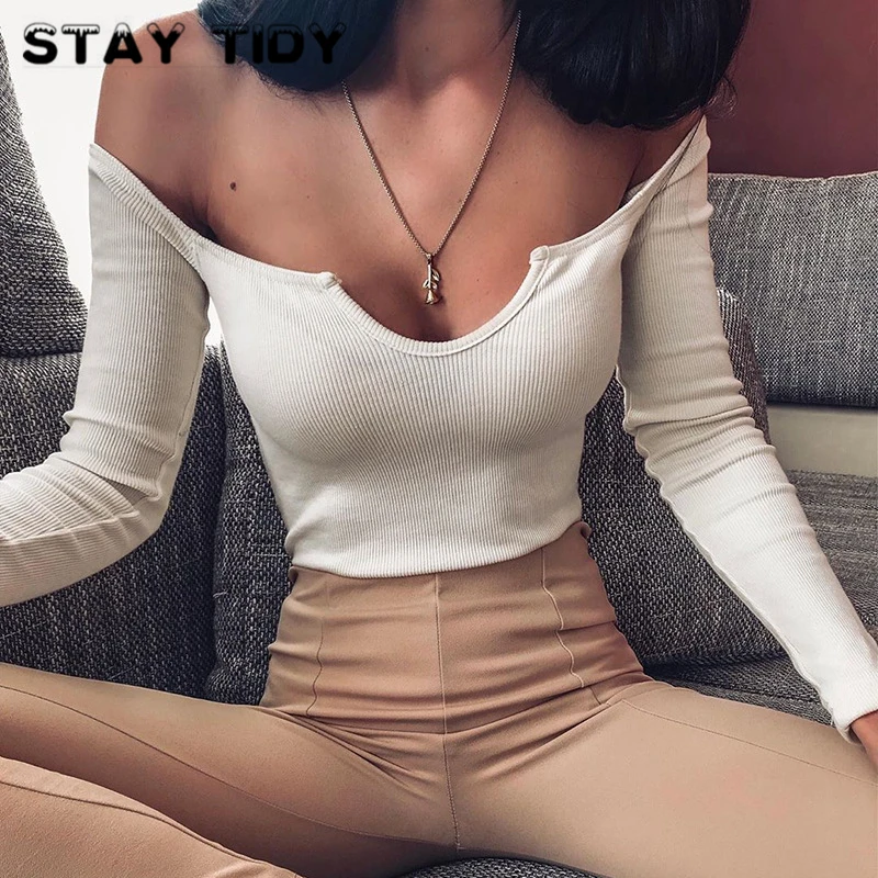 Женский облегающий топ с открытыми плечами STAY TIDY черный эластичный трикотажный