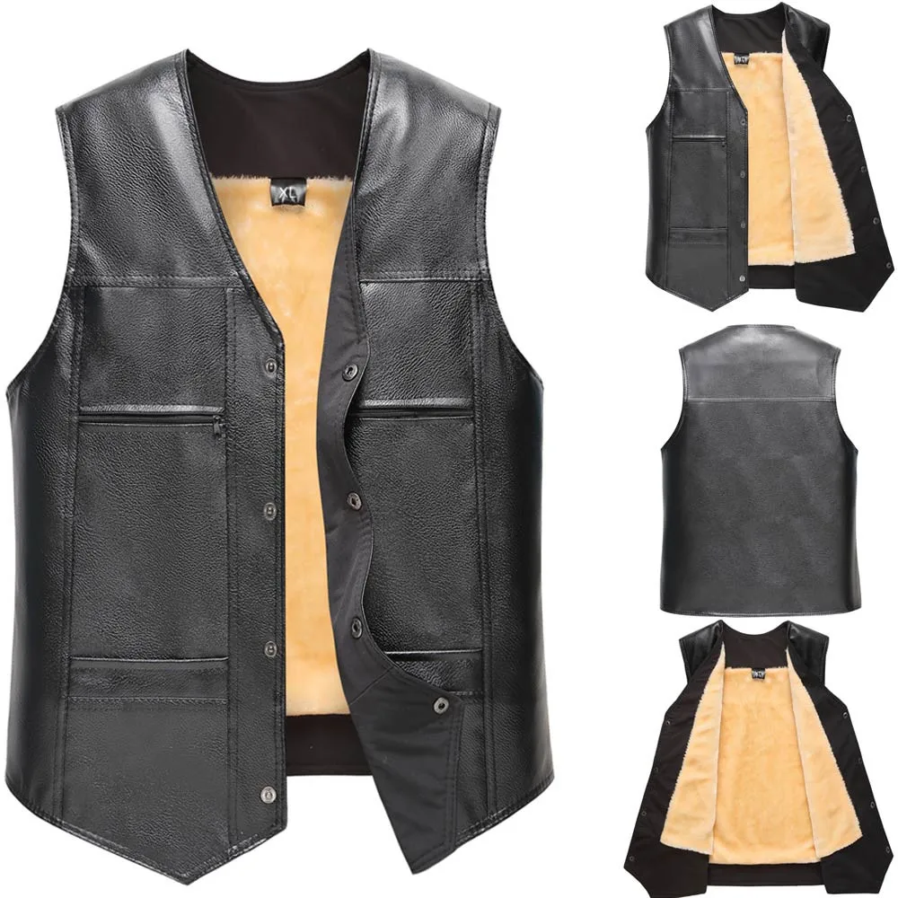 Мужская кожаная осенне зимняя повседневная жилетка с карманом однотонного цвета