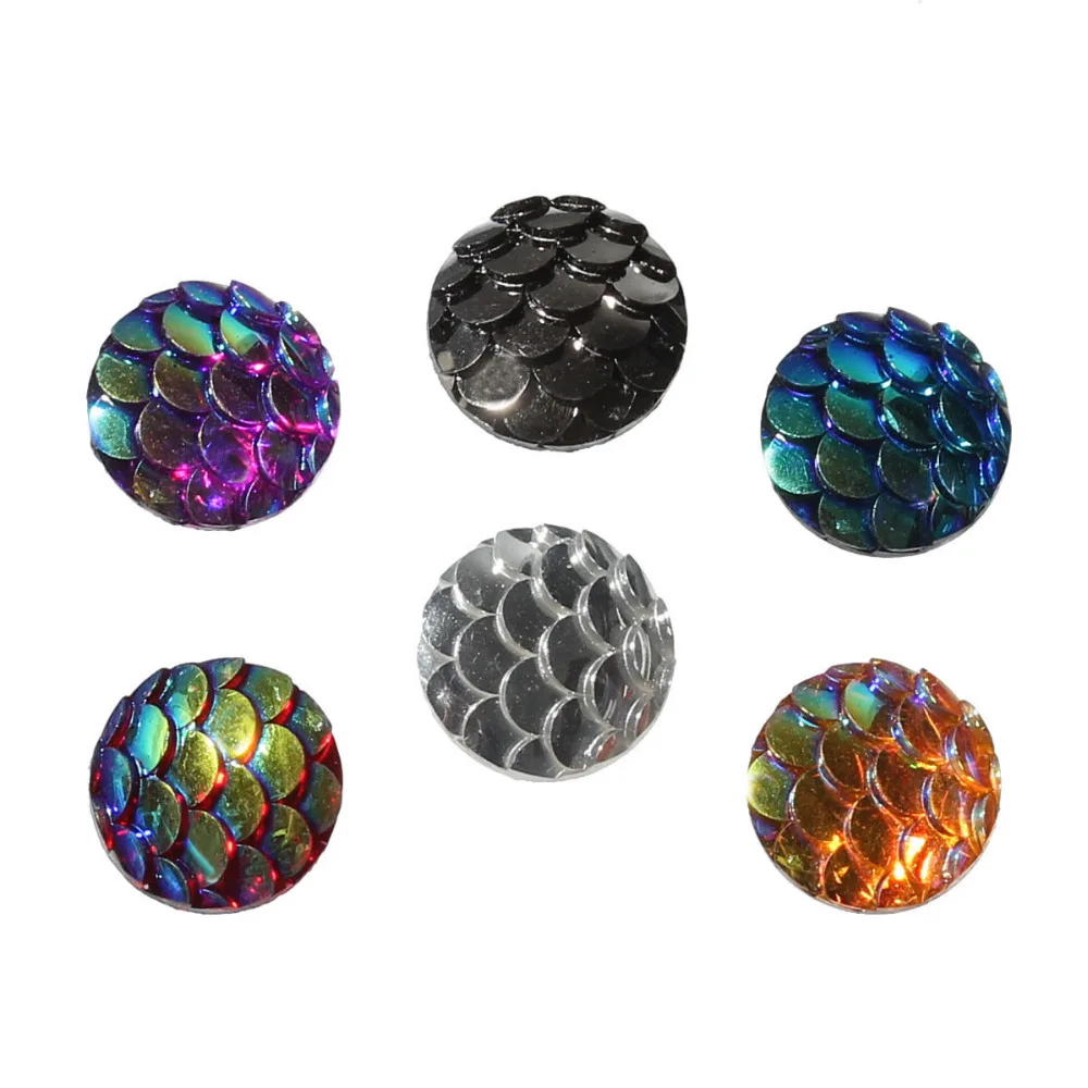 Resin Mermaid Fish/ Dragon Scale Dome Seals Cabochon Round Fuchsia AB Color 10mm | Украшения и аксессуары