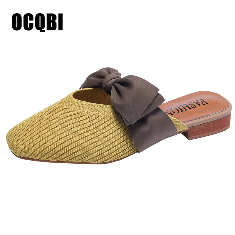 yellow B Новые женские тапочки обувь на плоской подошве с бантиком-бабочкой весенние женские туфли без задника на низком каблуке, шерстяные женские милые тапочки с квадратным носком для девочки Тапочки - Цвет: yellow B