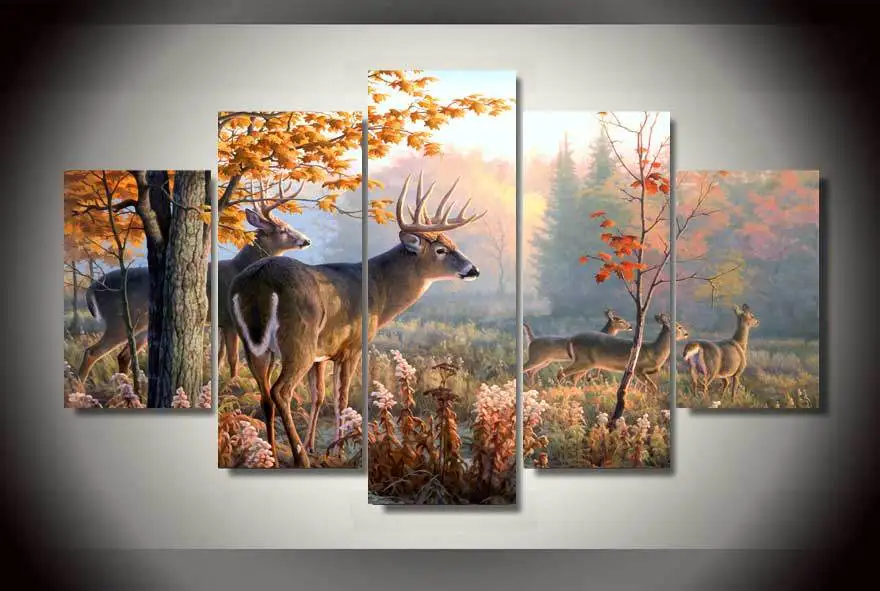 

5 Piece Canvas Art Home Decoracion Beautiful Tree Deers Wall Art Pictures For Living Room Printed Canvas Painting Photos Poster