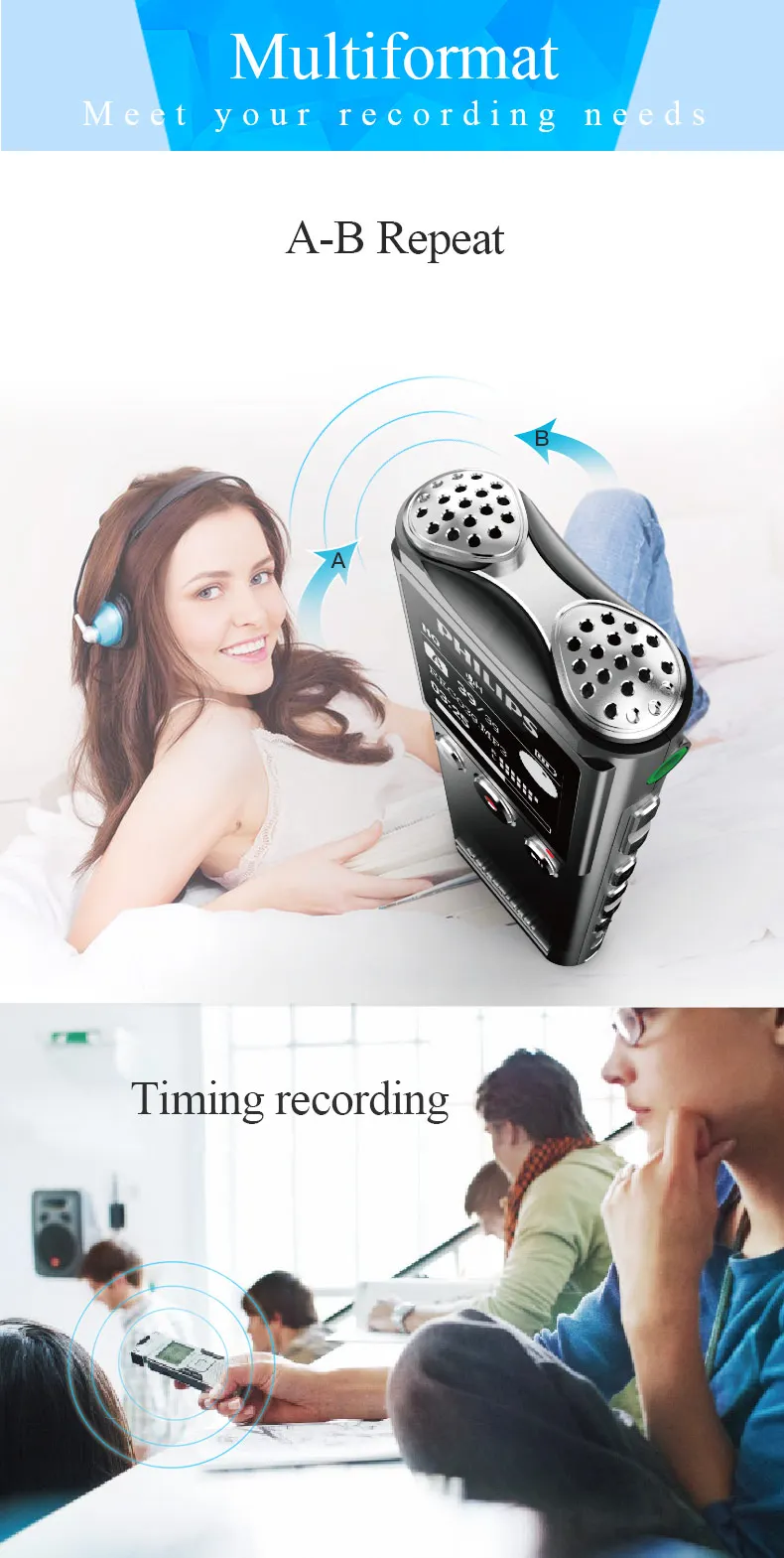 Цифровой диктофон Philips с сухой батареей AAA, Дальняя дистанция 40 м, с беспроводным микрофоном, Голосовая активация, детафон