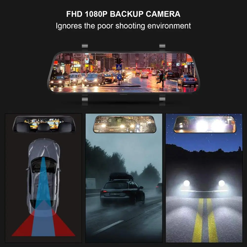 Rexing 10-дюймовый сенсорный экран Dash Cam Dual FHD 1080P потоковая медиа-камера для