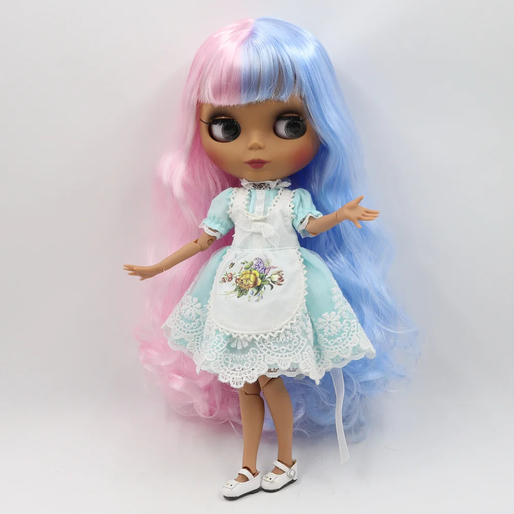 ICY DBS Blyth Doll 30cm dark skin matte face Cute blue pink mixed color curls 1/6 JOINT body SD DIY high quality toys gift | Игрушки и