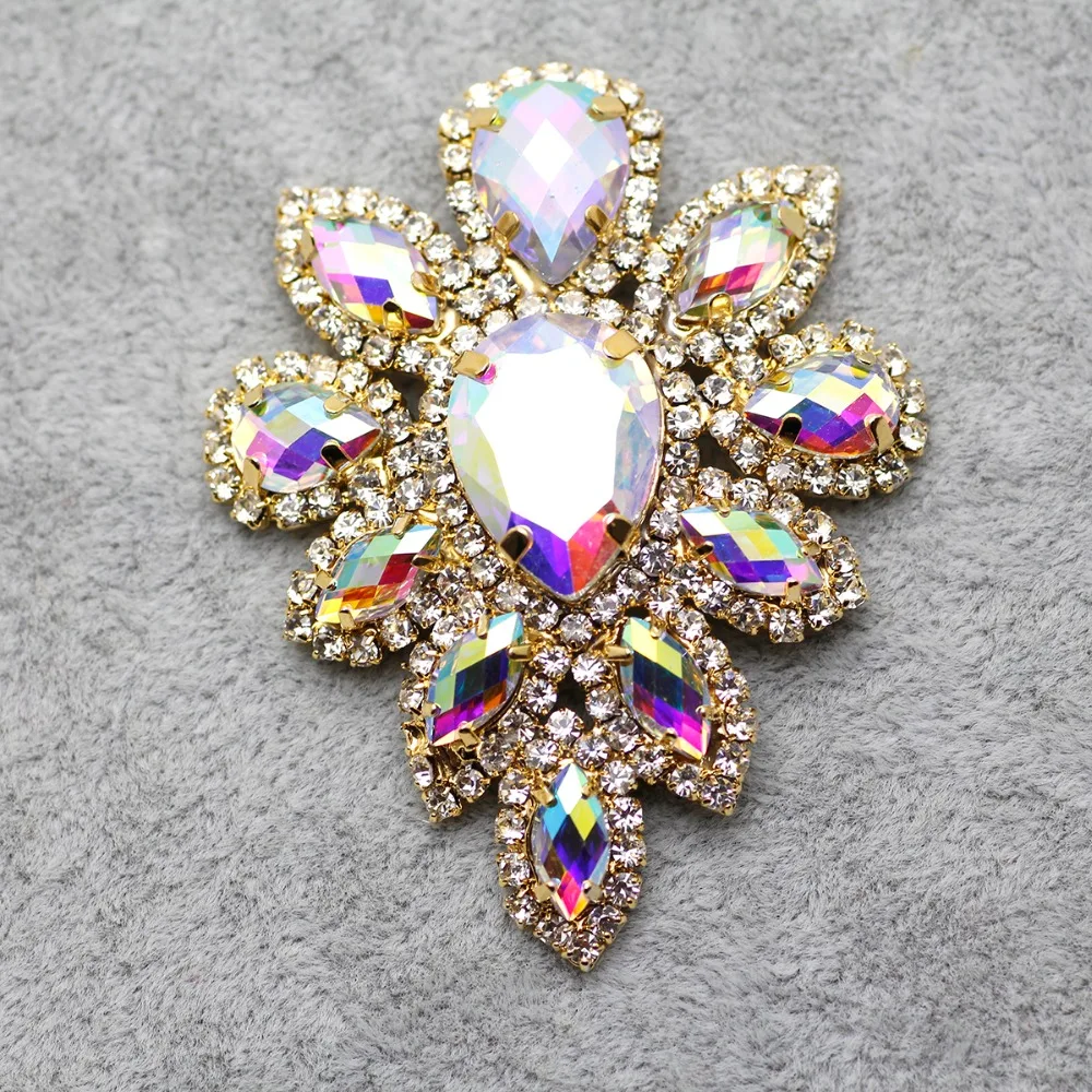 Стеклянная цветная синяя Цветочная аппликация со стразами 5 8*4 см Золотая основа