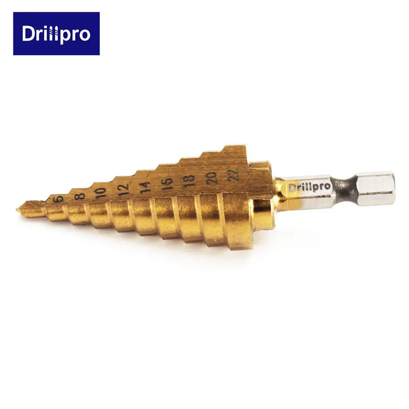 Drillpro 1 шт. шестигранное титановое ступенчатое конусное сверло для сверления отверстий 4-22 мм HSS 4241 для сверления листового металла Деревообрабатывающие инструменты
