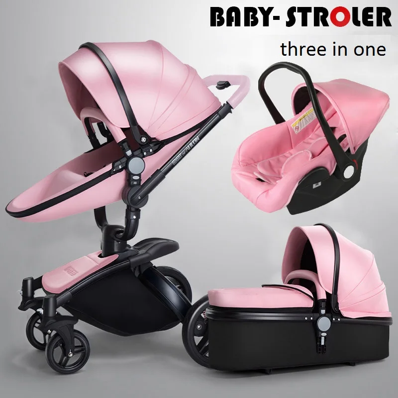 Pink 3 in 1 AULON 3 в 1, детская коляска, вращающаяся на 360 градусов, с золотой рамкой, полиуретановая коляска, Европейское безопасное автокресло с люлькой для новорожденных - Цвет: Pink 3 in 1