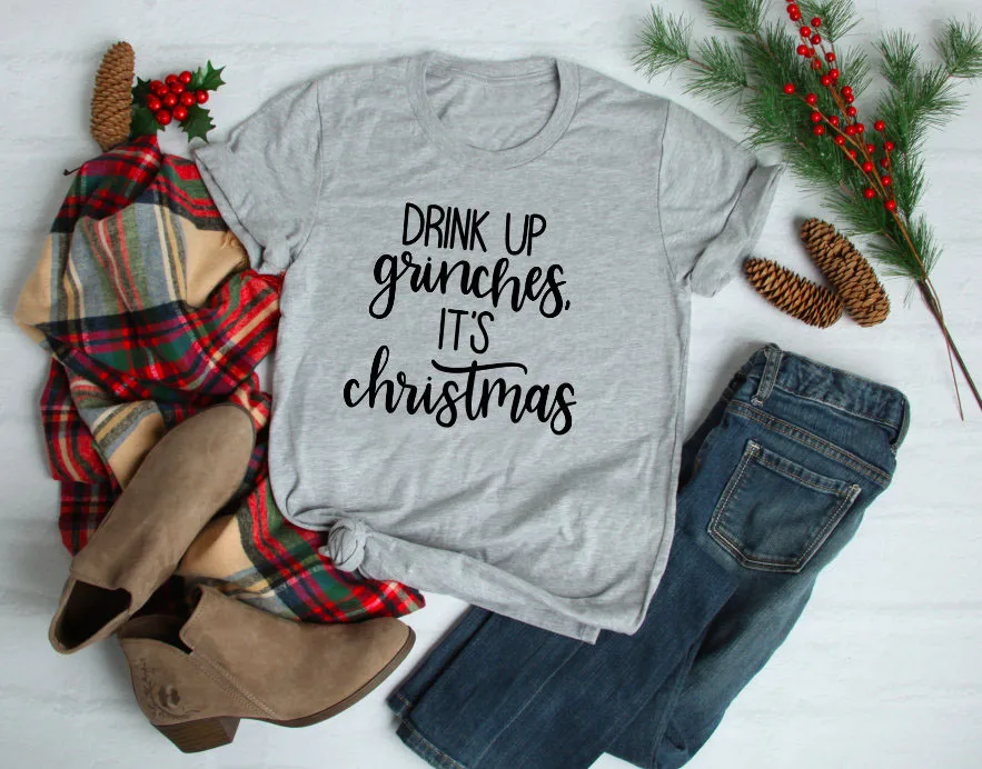 Skuggnas Drink Up Grinches новогодние майки для женщин подарок вечерние забавные tumblr Графические футболки эстетическое harajuku grunge Топы - Цвет: D1644 grey