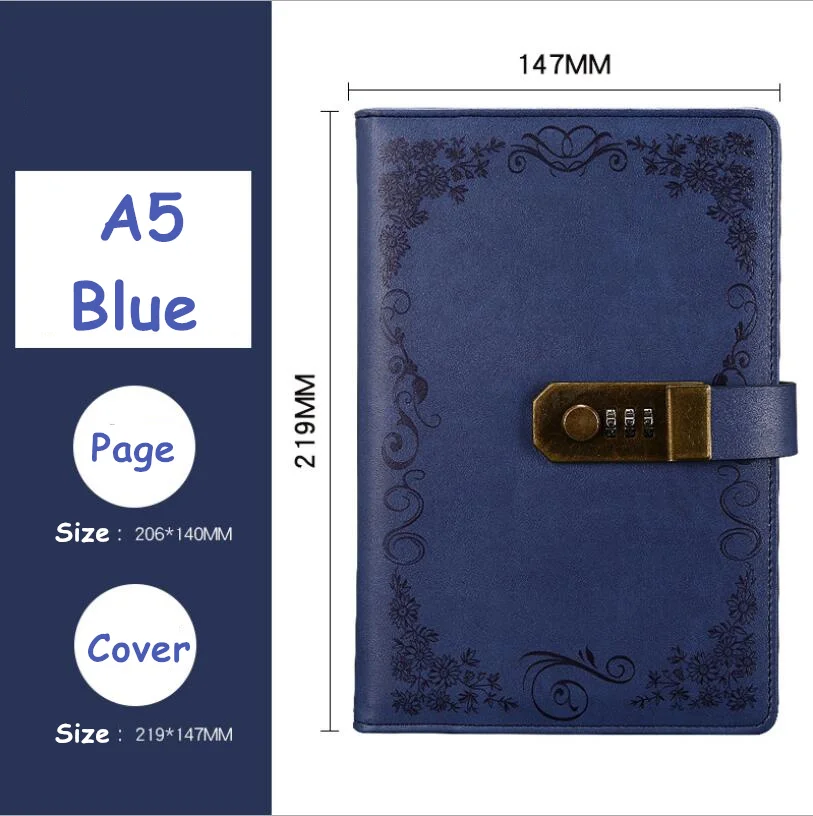 Blue Дневник с замком Тетрадь A5 Винтаж запираемый Бумага PU кожаная Записная книжка путешественника журнал еженедельник школьный канцелярский подарок - Цвет: Blue