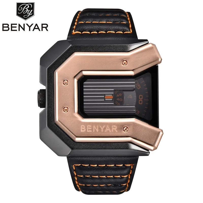 BENYAR Брендовые Часы Reloj Hombre для мужчин модные водостойкие кожаные кварцевые часы спортивные Relogio Masculino erkek коль saati - Цвет: gold orange