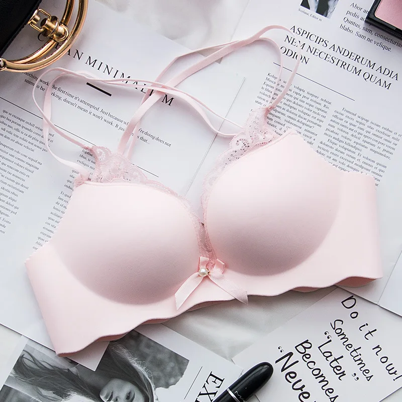 Pink Roseheart, новинка, женские, модные, розовые, серые, беспроводные, с бантом, сексуальные бюстгальтеры, пуш-ап, бюстгальтеры, женские, кружевные, перекрещивающиеся сзади, цельные бюстгальтеры, Бралетт - Цвет: Pink