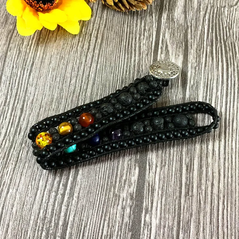 Браслет на запястье оникс лавовый камень 7 чакр кожаные браслеты ручной работы