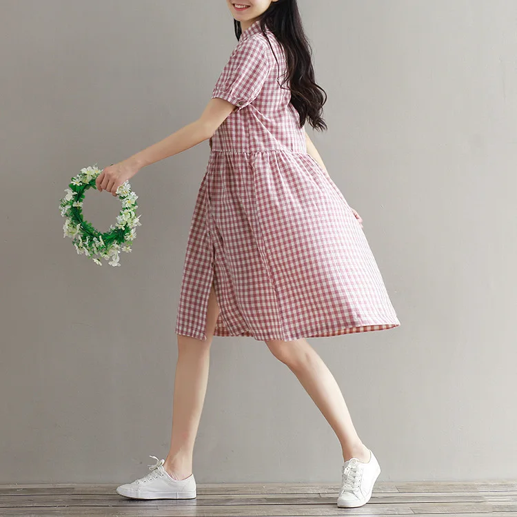 Женское хлопковое льняное платье в клетку летнее свободное Повседневное с