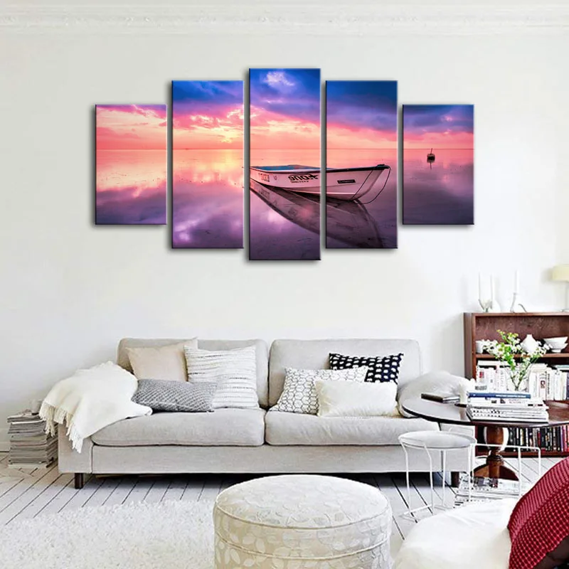 Холст стены Книги по искусству модульная Pictures Home Decor 5 панелей отражение лодка