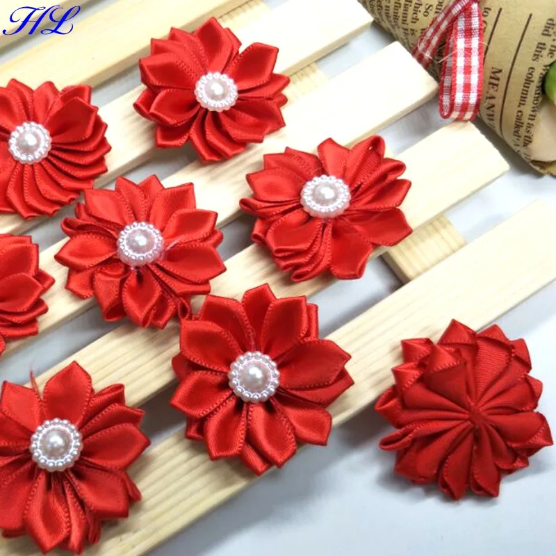 HL 20pcs 35mm Red ribbon pearl flower handmade flowers wedding decorations DIY sewing appliques garment hair accessories A115  Дом и