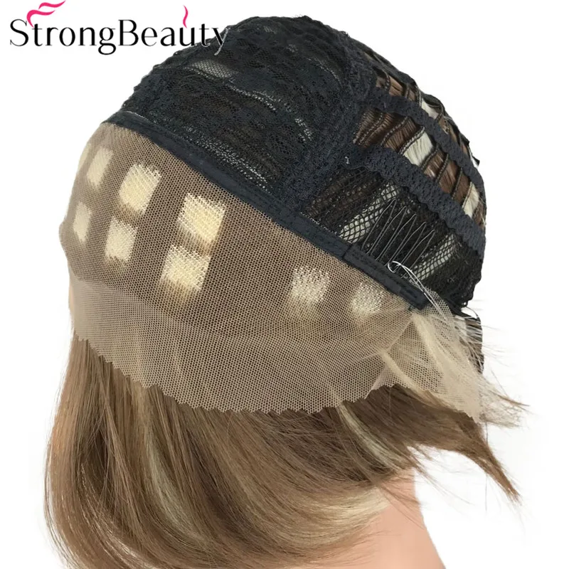 StrongBeauty Synthetic Lace Front Wig Medium Length Natural Straight Wigs Grey White/Brown Hair | Шиньоны и парики