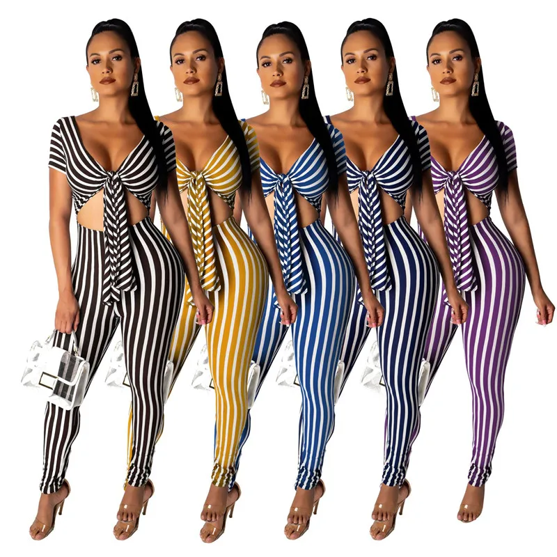 Сексуальный брючный костюм комбинезон в полоску для женщин v образный вырез