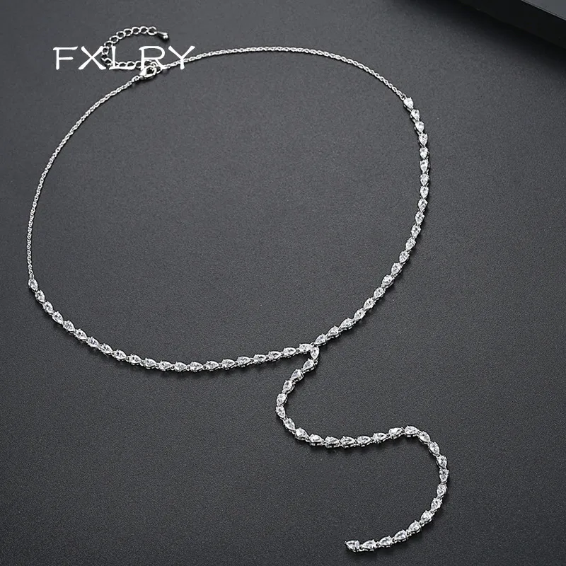 

FXLRY New Luxury Water Drop CZ Stone White Color Female Choker Long Chain Pendant Necklace for Women Wedding Dating