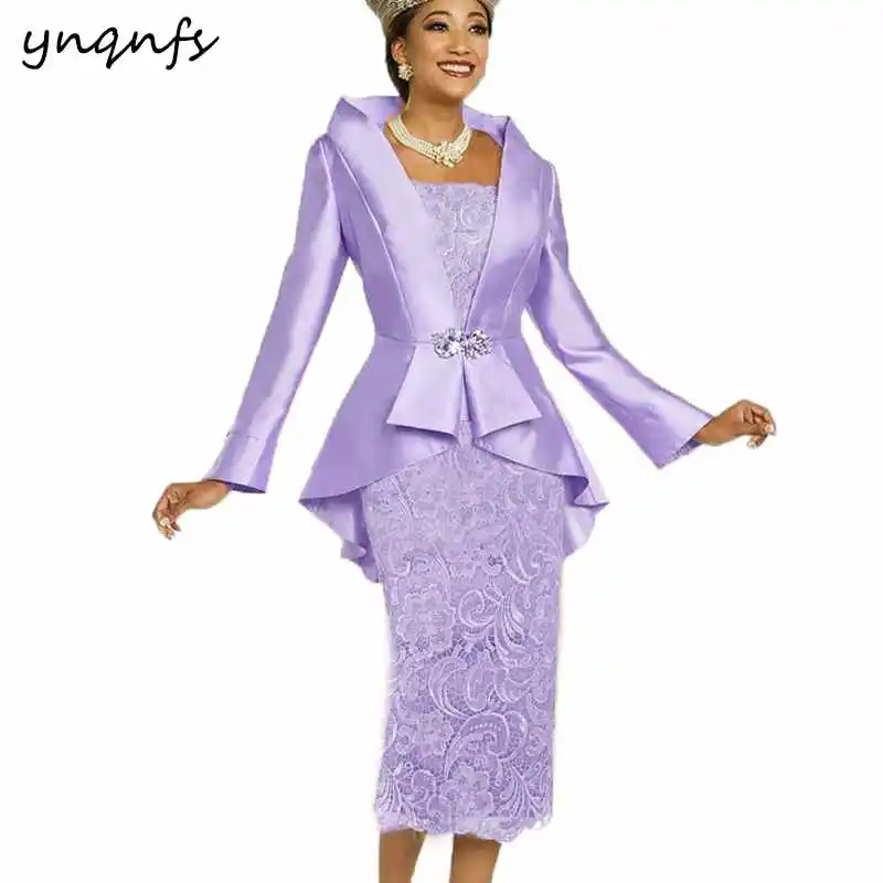 Lilac YNQNFS pinktaffeta кружева Чай Длина комплект из двух предметов для матери невесты платье с жакетом вечерние свадебное платье M52 - Цвет: Lilac