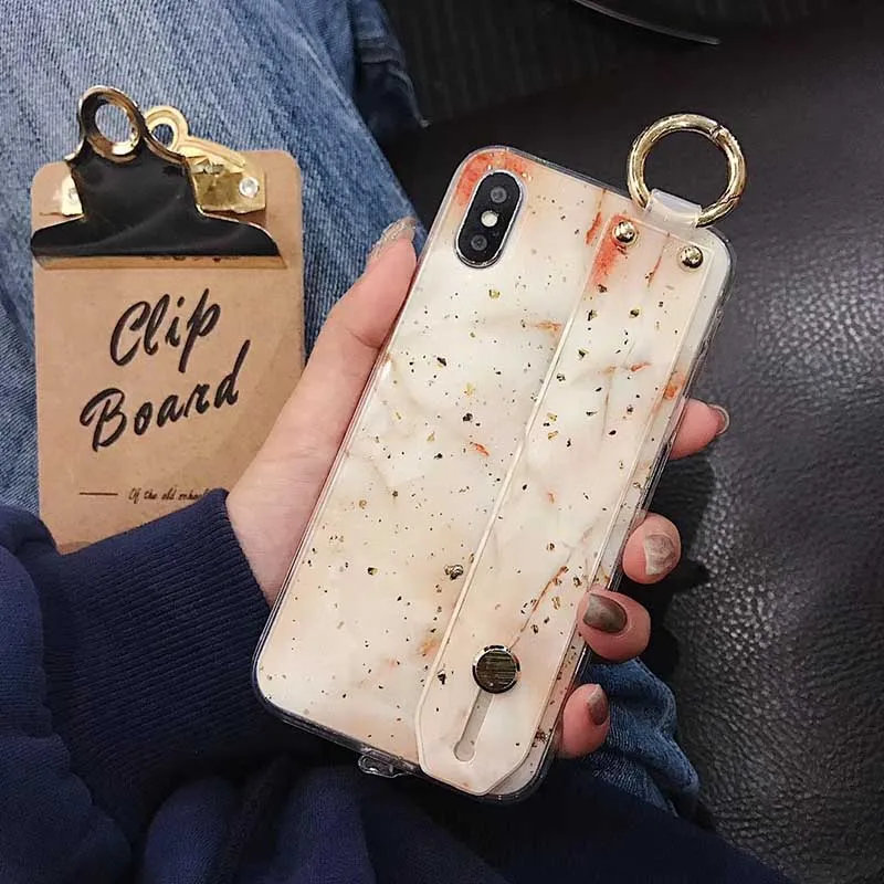 Блестящий чехол из золотой фольги и мрамора для iPhone X XS Max XR браслет с подставкой