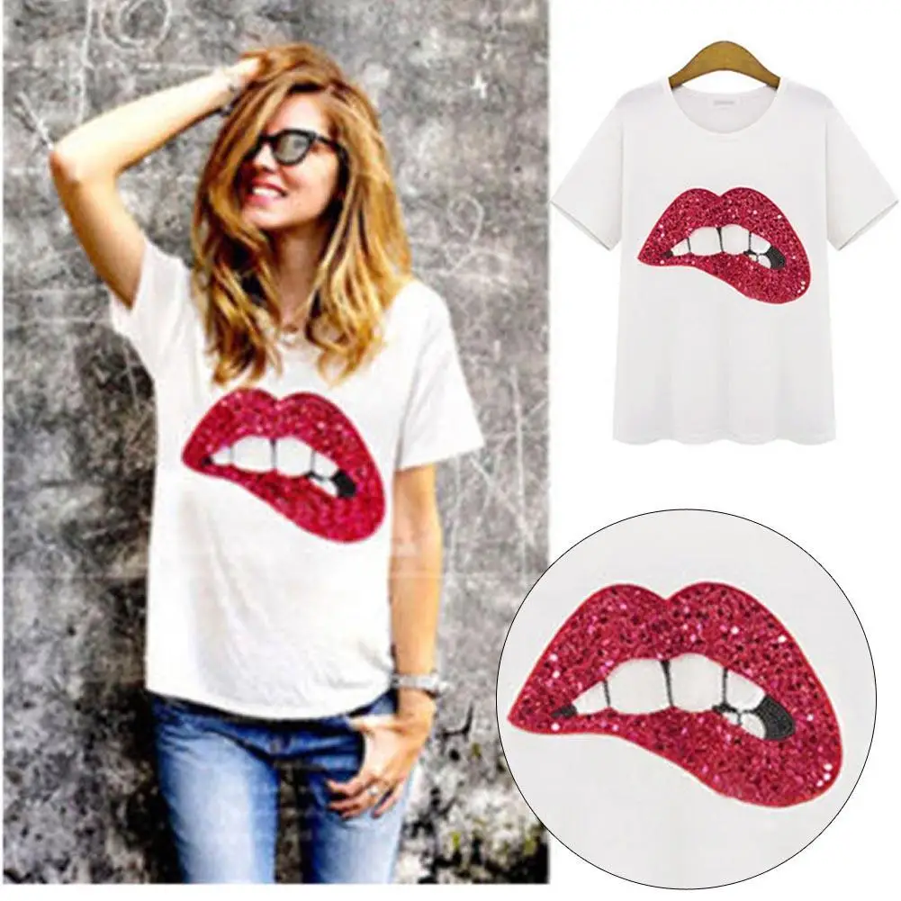 Летний стиль круглый воротник блестки зеленые красные губы сексуальная женская