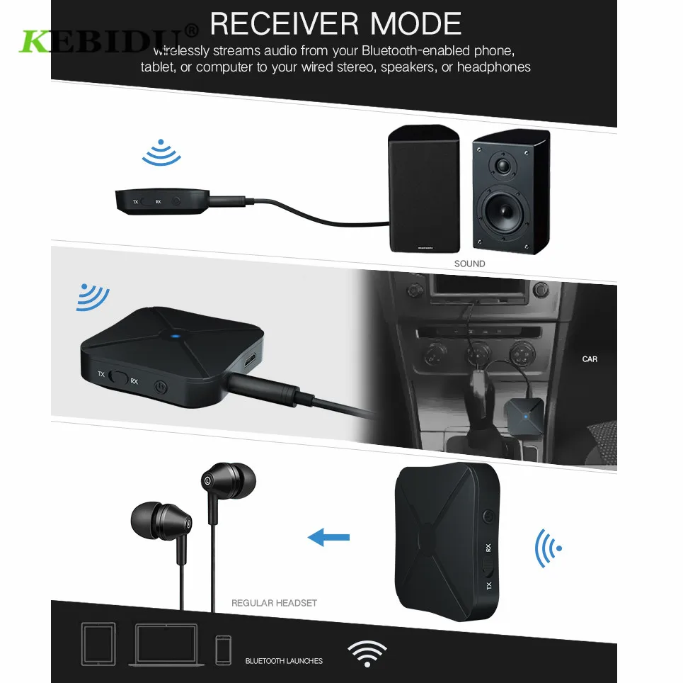 Bluetooth-адаптер Kebidu 2 в 1 принимает передатчик Bluetooth 5 0 приемник-передатчик 4 аудио 3