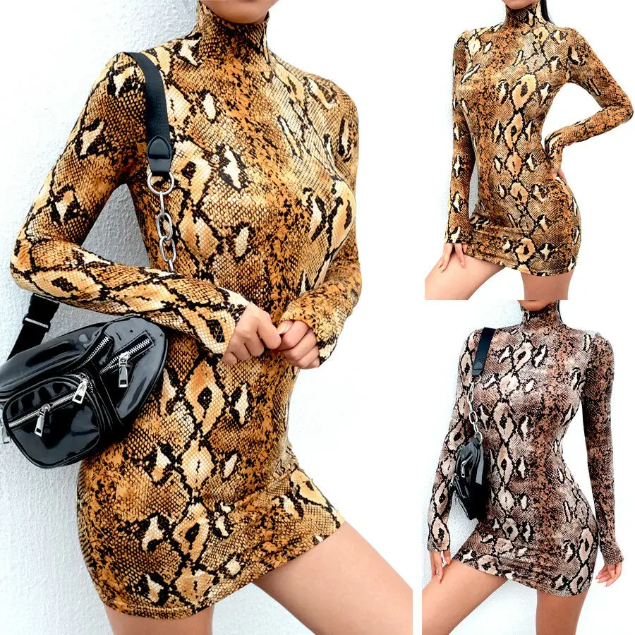 Хит женское облегающее платье средней длины с длинным рукавом и принтом змеиной кожи круглым вырезом летнее