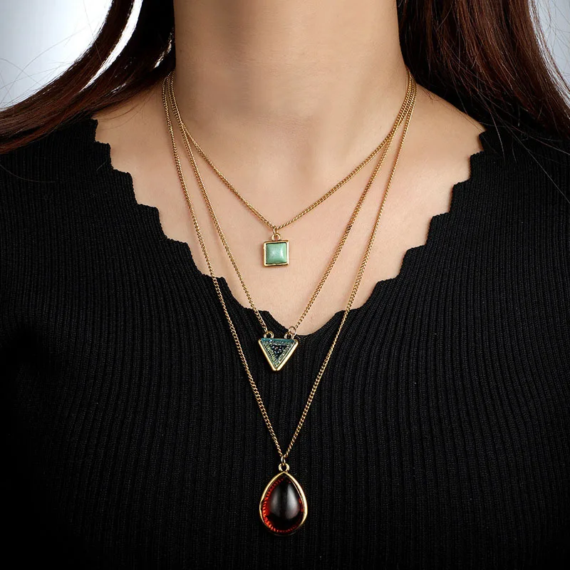 Женское многослойное ожерелье модное геометрическое из зеленого опала с красным