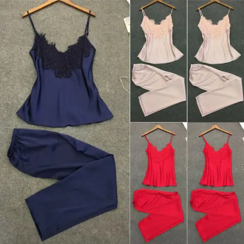 Комплект пижамный женский атласный из 2 предметов Шелковый кружевной топ без