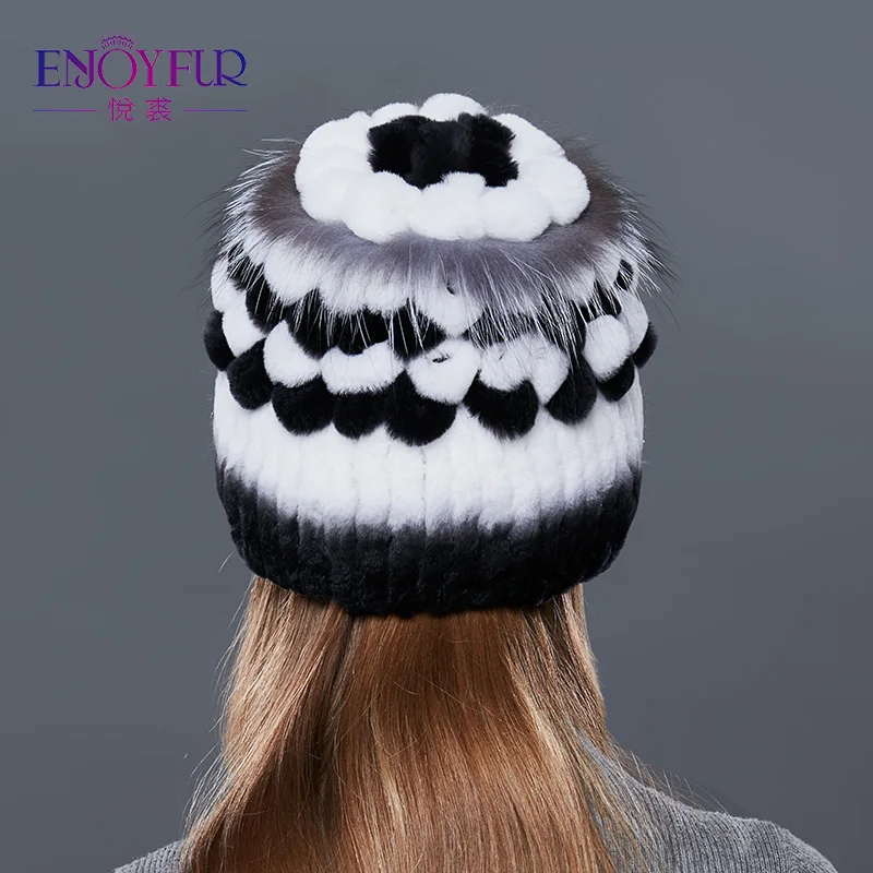 Enjoyfur естественно кролика рекс меховая шапка женские теплые зимние шапки с Silver Fox