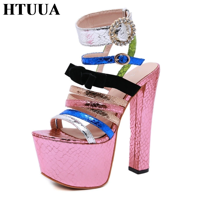 HTUUA/2019 г. модные разноцветные босоножки на высоком толстом каблуке с