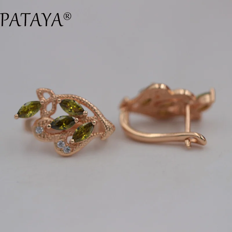 PATAYA RU, хит, 4 листа, симметрия, 585, розовое золото, висячие серьги, 10 цветов, натуральный циркон, серьги для женщин, вечерние, свадебные, индийские ювелирные изделия - Окраска металла: olive green